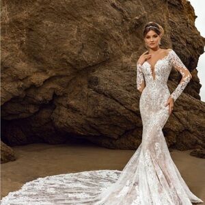 Kitty Chen Lace Illusion Long-Sleeve Bridal Gown and Veil